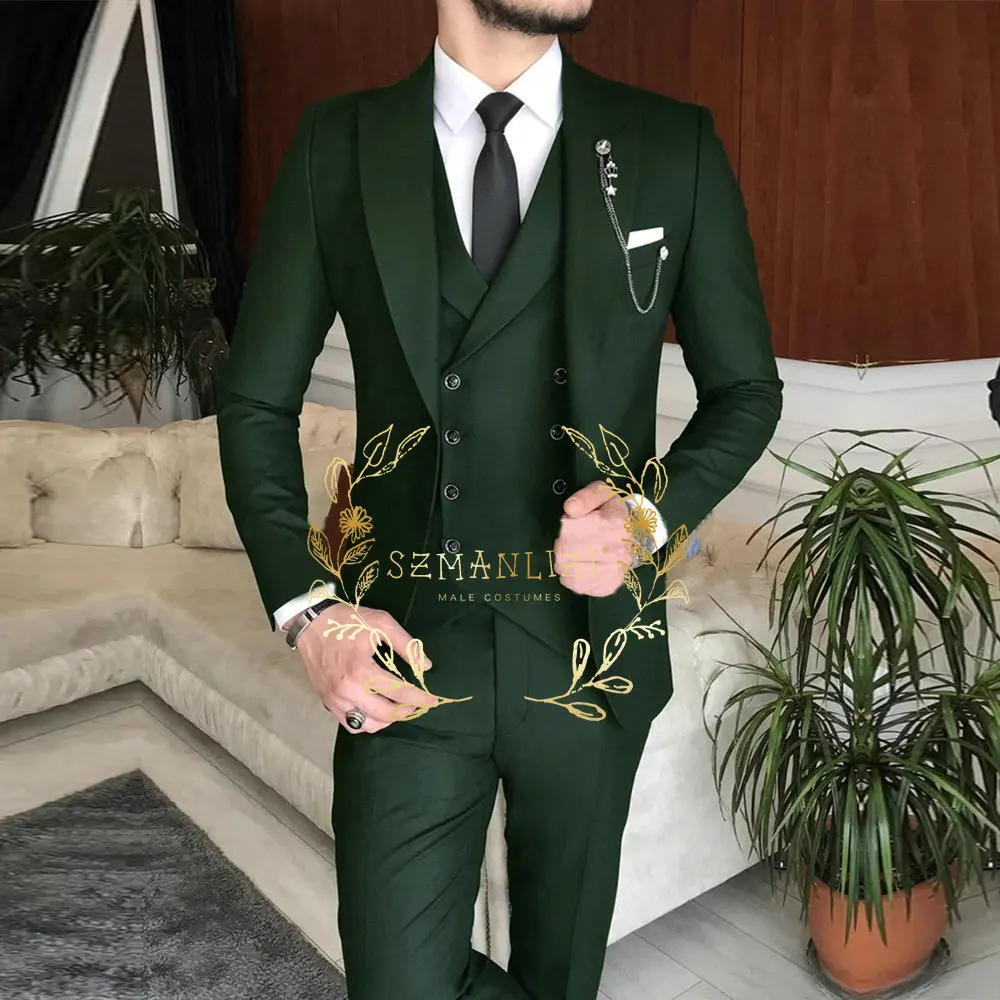 Skaists, Tumši Zaļš Vīriešu Uzvalki Komplekts Slim Fit Oficiālu Kāzu Līgavainis Valkā Tuxedos Terno Masculino Custom 3 Gabals (Žakete+Veste+Bikses)