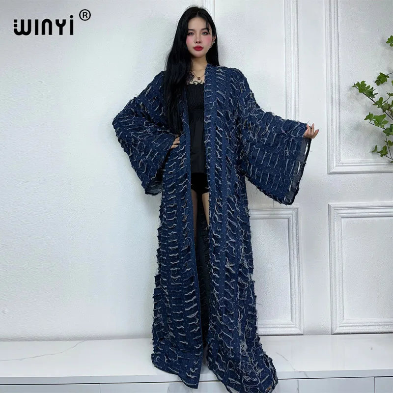 WINYI jaunu faashion mētelis sievietēm jaunu 2023 Vaļēju Mēteli rudens Dobi džinsa ilgi uz leju, mētelis, peldkostīmu slēpt ziemas kimono