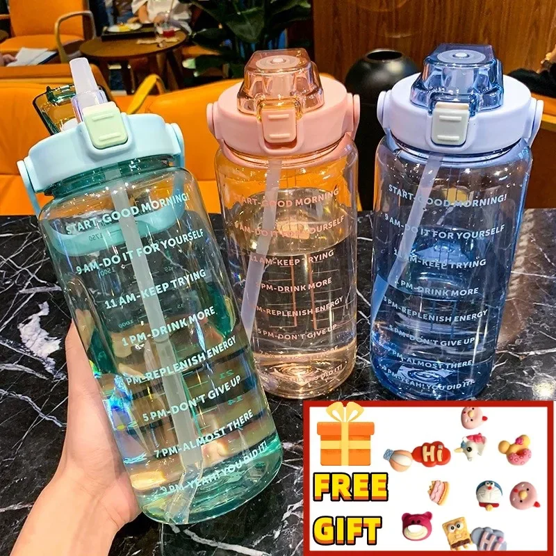 2 Litru Āra Sporta Dzeramā Pudeles ar Laika Atzīmi Ūdens Pudele ar Salmiņu Liela Jauda, Āra Kausa Fitnesa Ūdens Pudele