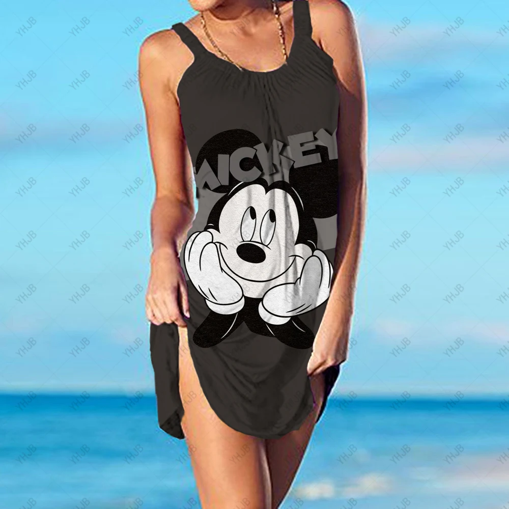 Disney Minnie Mickey Mouse Drukāt Beach Mini Sieviete Kleita Vasaras Spageti Siksna Vaļīga Gadījuma Boho Kleitas Sievietēm Femme Drēbes