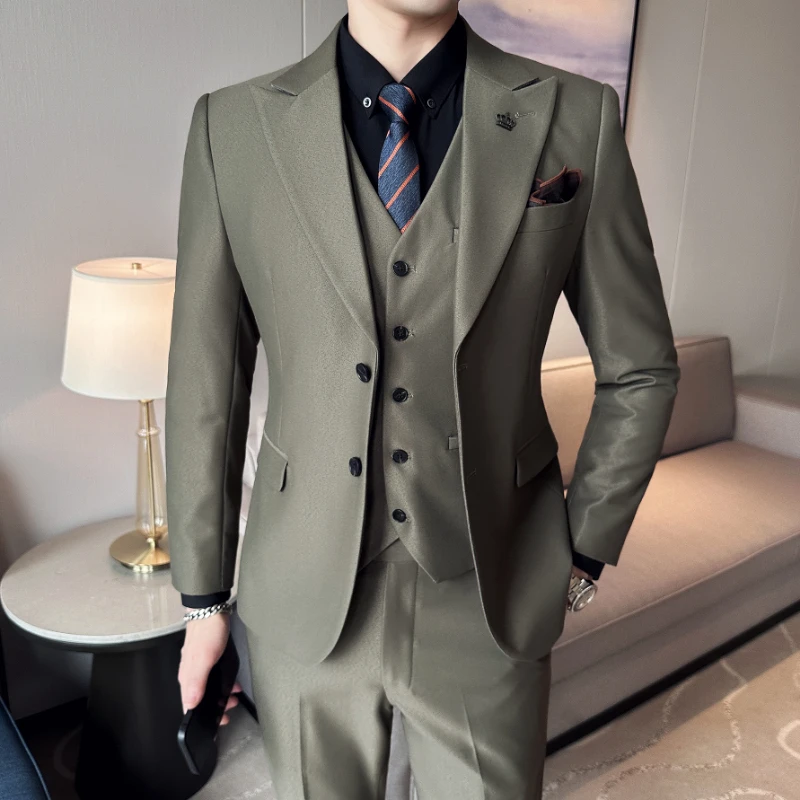 ( Žakete + Veste + Bikses ) Augstas klases Luksusa Zīmolu Vīriešu Formālas Biznesa tīrtoņa Krāsas Uzvalks 3Pcs Līgavainis Kāzu Kleitu Puse Vīriešu Uzvalks